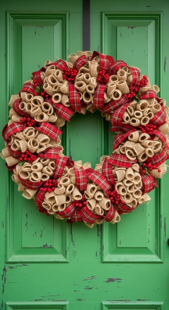 Burlap and Plaid Ribbon Wreath