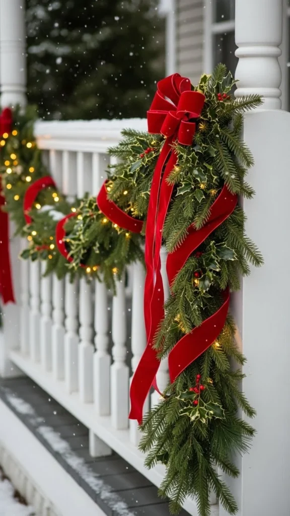 Garland-Wrapped Porch Railing