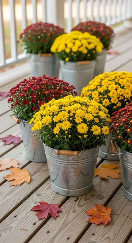 Potted Mums in Rustic Buckets