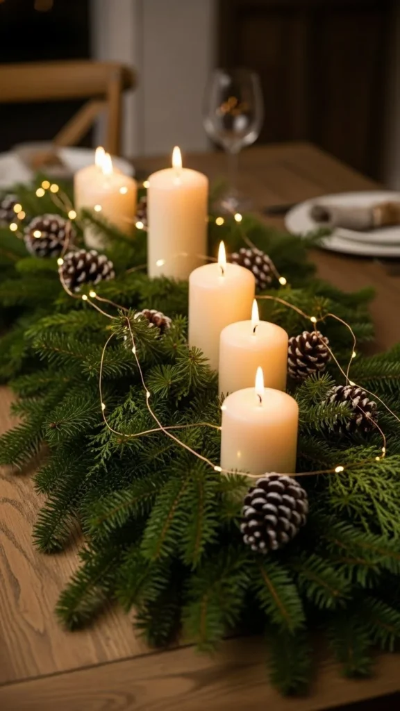 Evergreen Garland Runner with Candle Glow