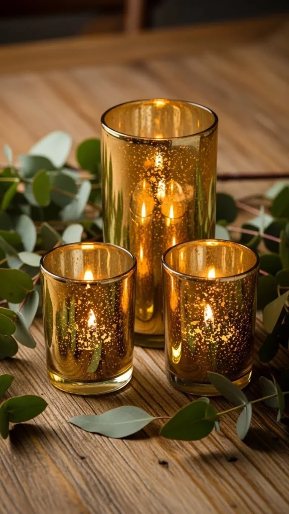 Golden Glass Hurricanes With Soft Greenery