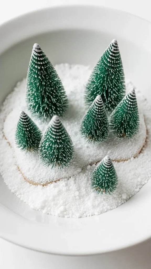 Bowl of Faux Snow and Bottlebrush Trees