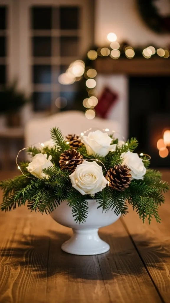 White Rose & Pinecone Pedestal Arrangement