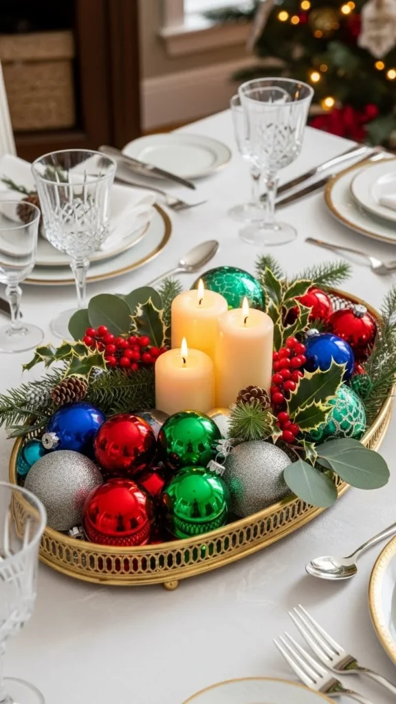 Gold Tray with Ornaments and Greens