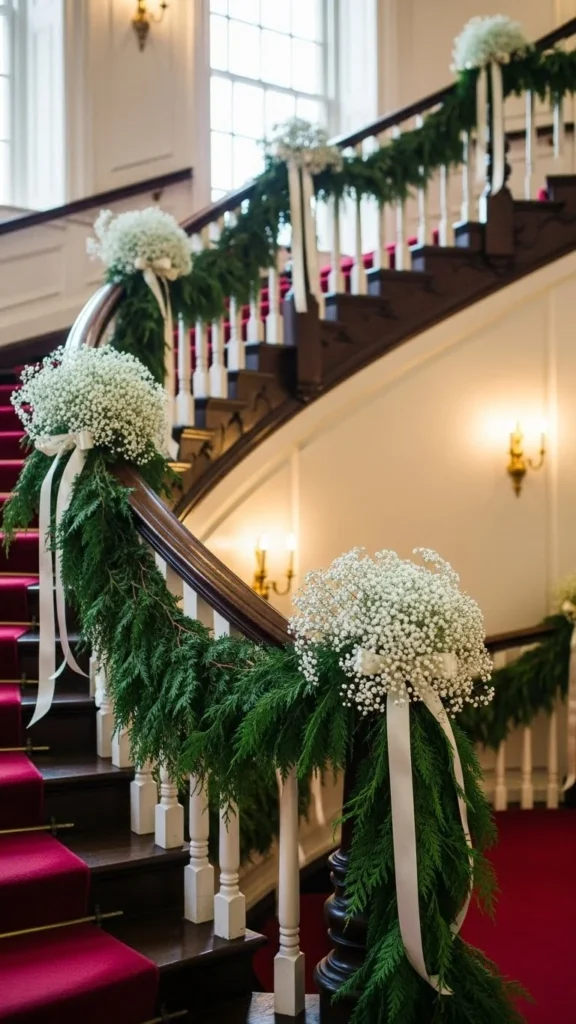 Cedar & Baby’s Breath Staircase Florals