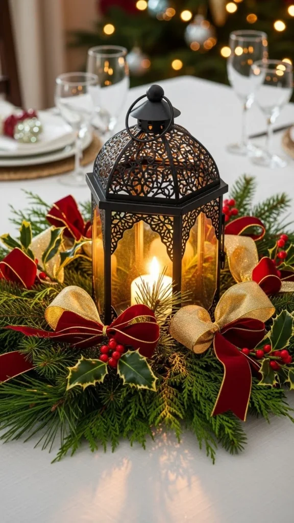 Lantern with Greens and Ribbon