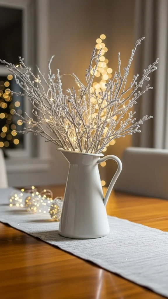 Glittering Branches in a Ceramic Pitcher
