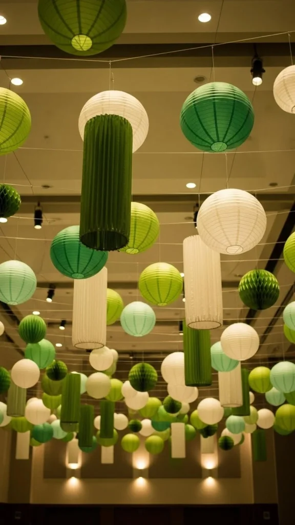 Paper Lanterns Hung at Varying Heights